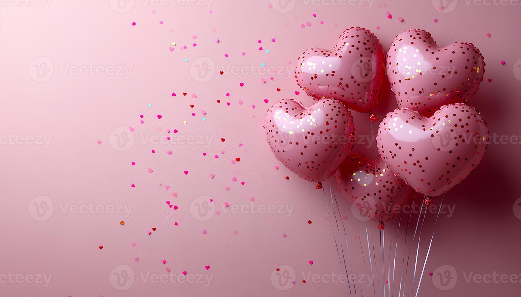 Pink and red heart shaped balloons isolated on a light blank background with confetti all around ideal for creating cheerful and romantic visuals for Valentines Day events photo