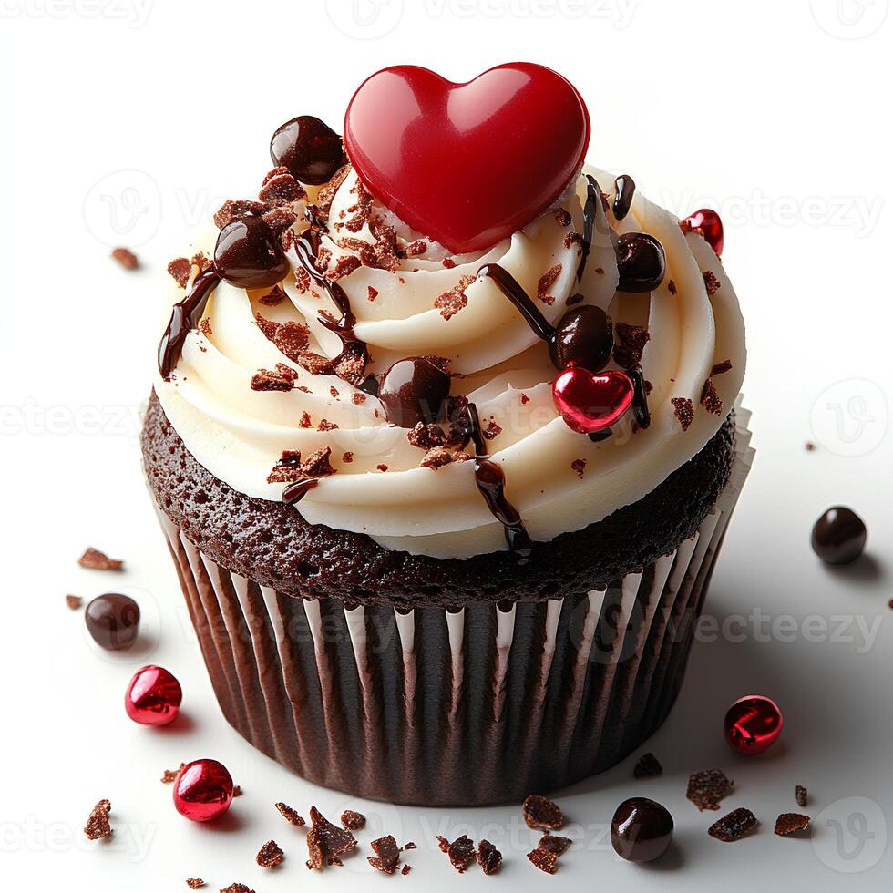 romantic cupcake with a heart on top, isolated on a clean white background, casting a subtle shadow to emphasize the sweetness and charm of this Valentine's Day treat photo