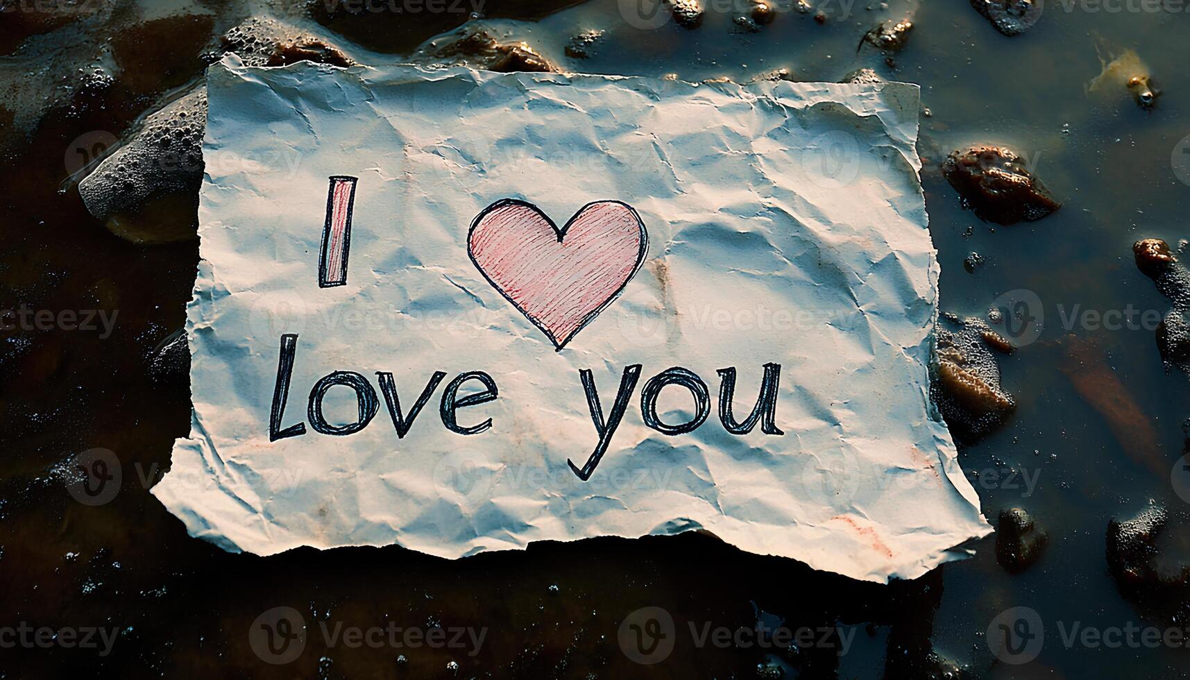 mantic message saying I love you written by hand on creased paper complemented with a heart for Valentines Day photo