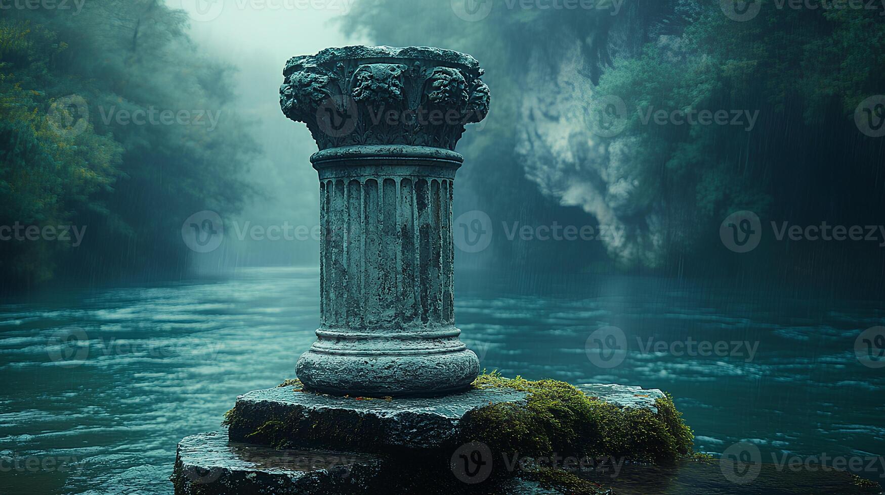 ancient Corinthian column isolated in a serene setting with a flowing river and soft fog perfect for emphasizing the grandeur of Greek and Roman architecture in a melancholic atmosphere photo