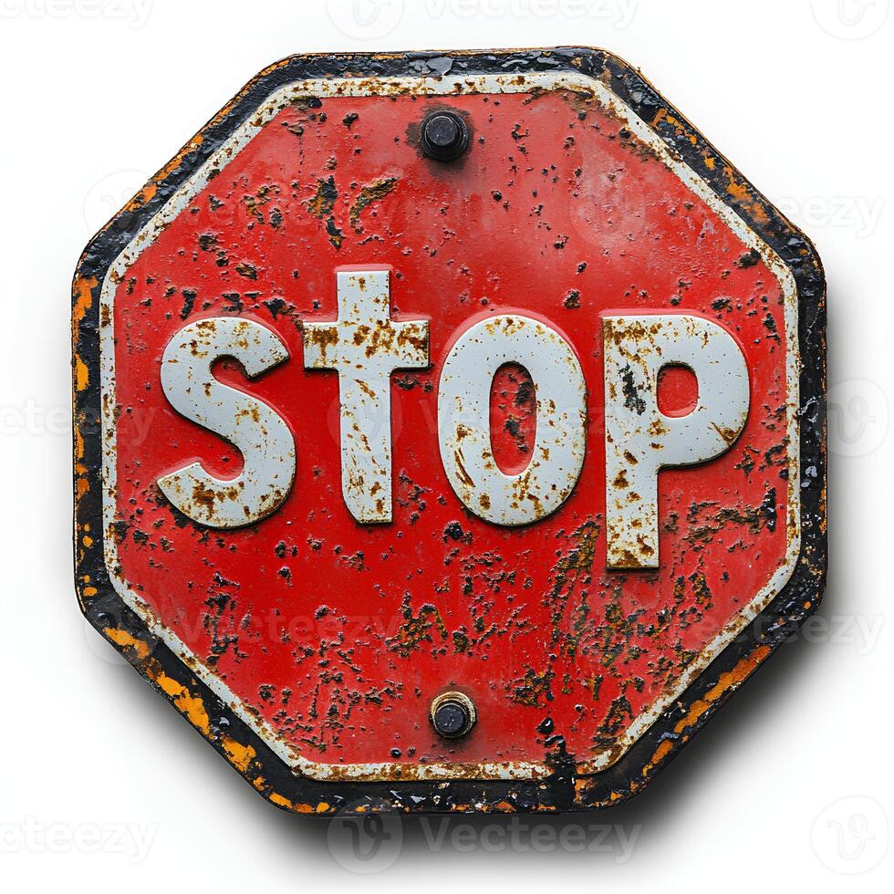 old rustic stop sign isolated on a white background with a subtle shadow showcasing its weathered metal surface and vintage design perfect for traffic safety or retro-themed visuals photo