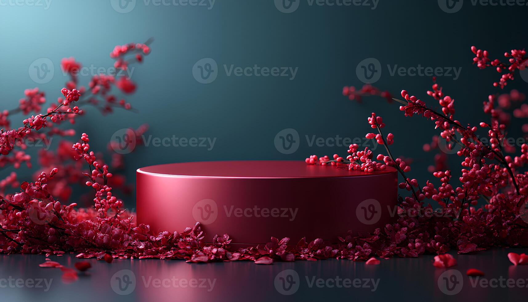 Valentines Day promotional background showcasing a round stage with soft pink and red tones, adorned with glowing lights, romantic hearts, and swirling ribbons for a festive and elegant look photo