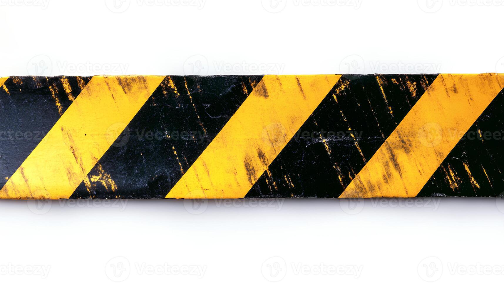 Black and yellow horizontal caution tape for industrial sites and construction purposes isolated on white background with shadow. Warning tape top view photo