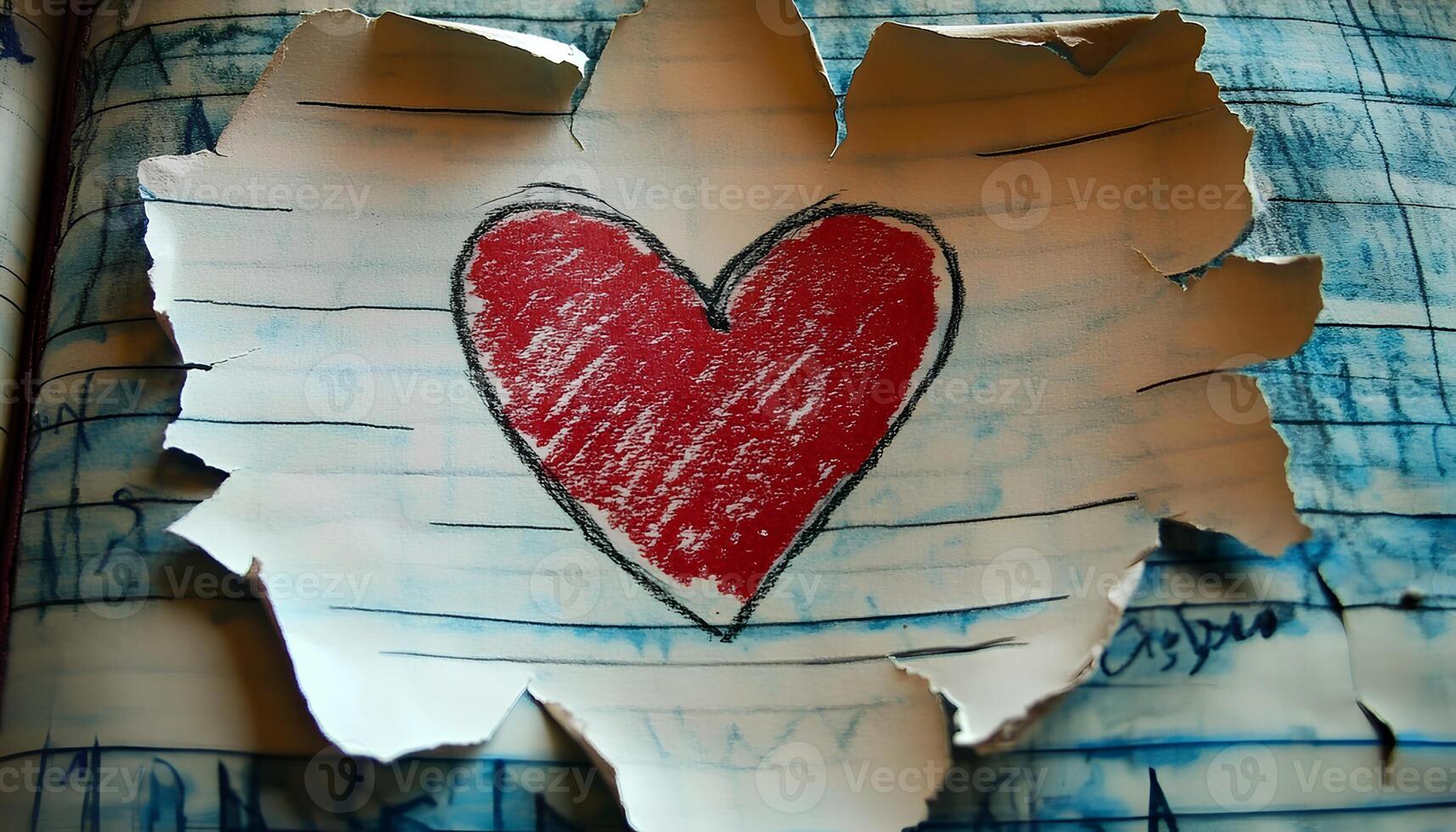 hand-drawn red heart on a ripped notebook page with uneven edges, creating a romantic grunge feel perfect for Valentine's Day photo