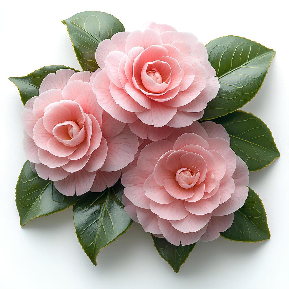 pink camellia flower bouquet displayed from the top, isolated on a white background, ideal for showcasing the soft elegance and beauty of pink blooms in floral designs photo