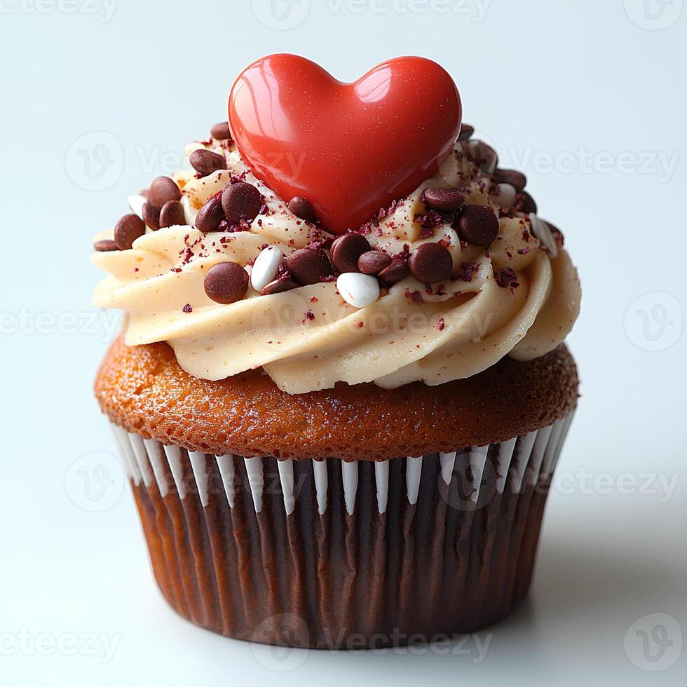 romantic cupcake decorated with a heart on top, isolated on a white background with a light shadow, perfect for showcasing affection, love, and sweetness on Valentine's Day photo