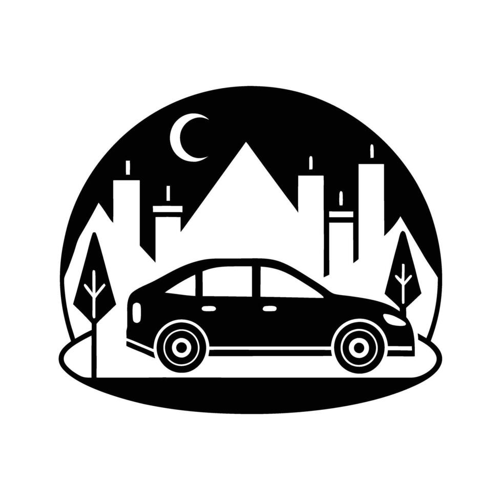 Electric car in modern landscape silhouette design vector