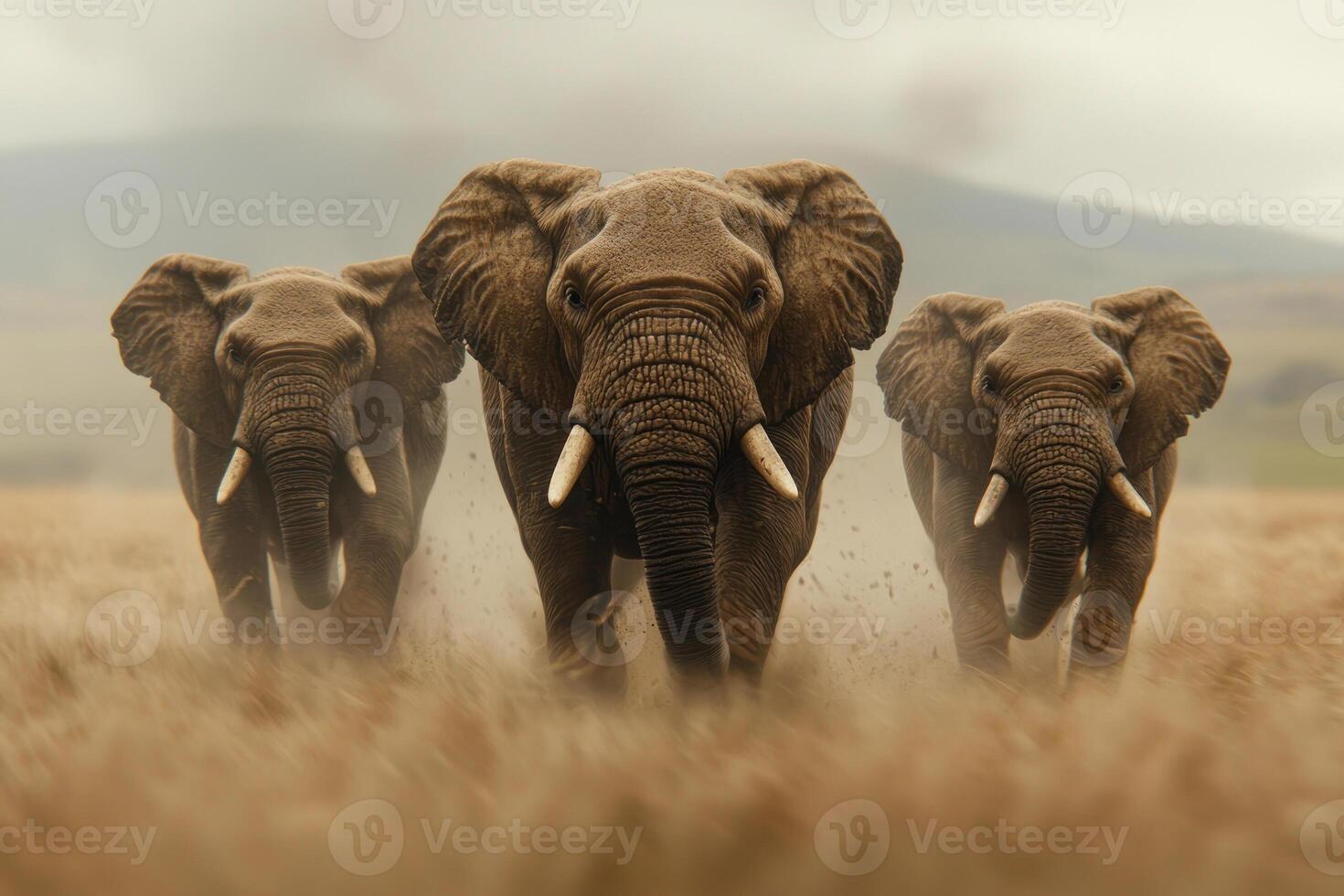 Majestic elephants walking through golden grasslands under a dramatic sky. photo