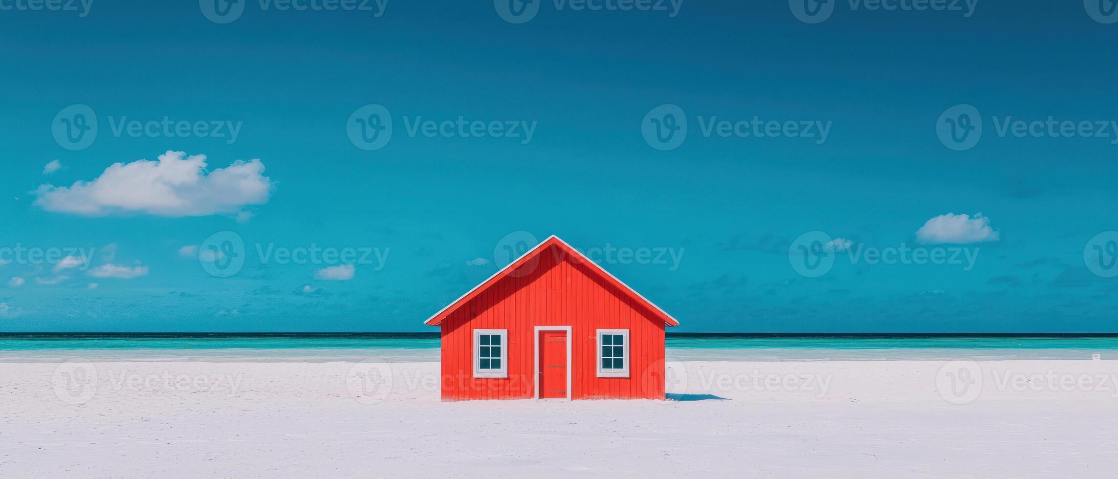 A vibrant red house stands alone on a sandy beach with a clear blue sky in the background. photo