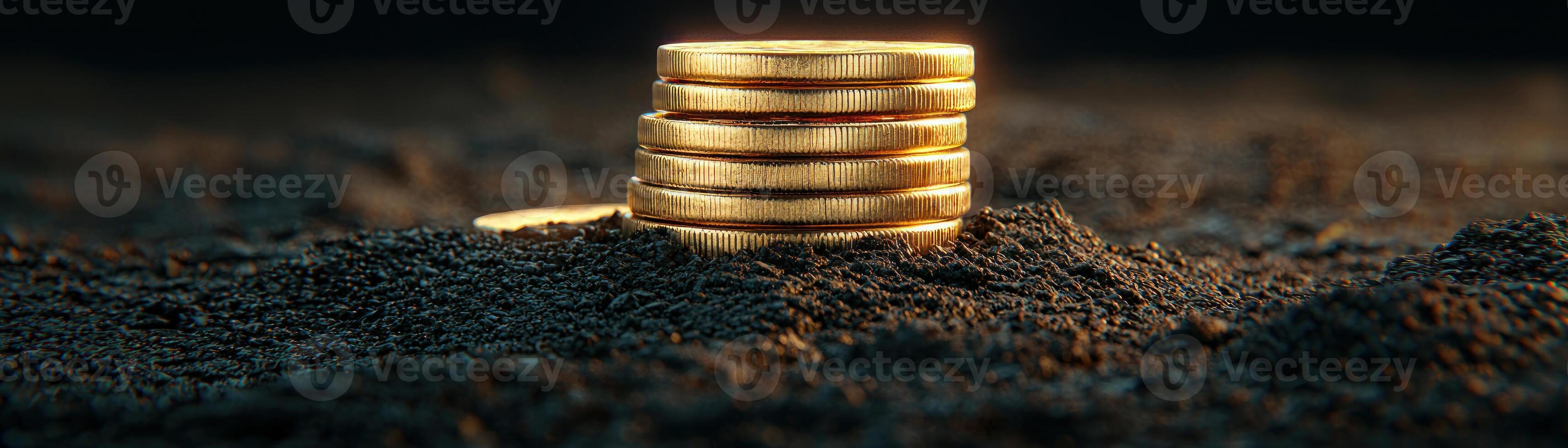 Golden coins stacked on dusty surface, symbolizing wealth and investment. photo