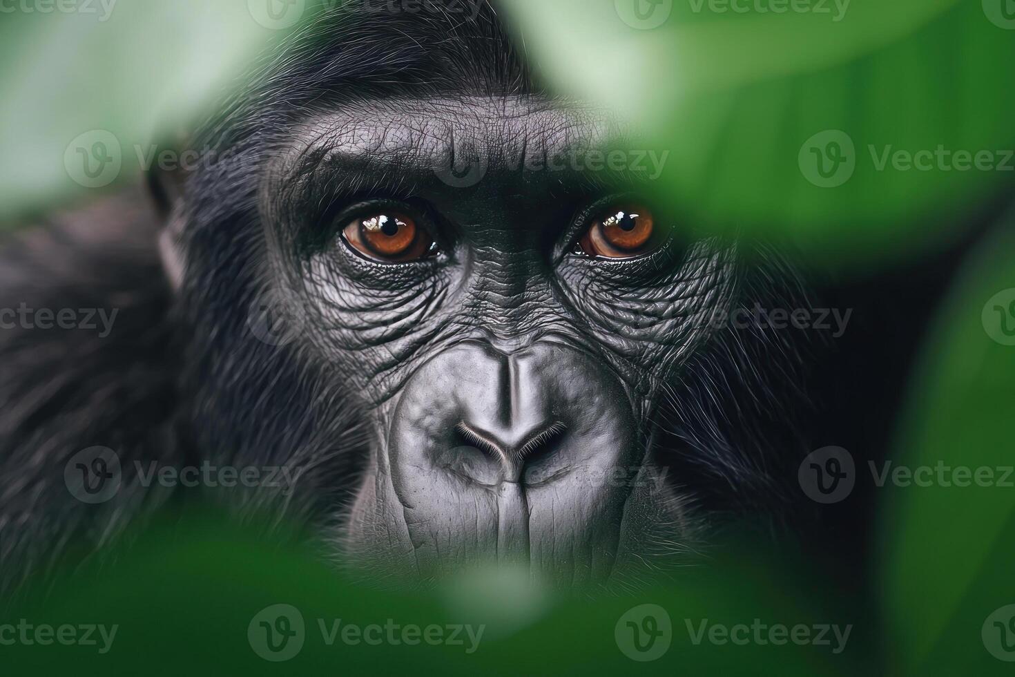 Close-up of a gorilla peering through lush green leaves, showcasing its expressive eyes. photo