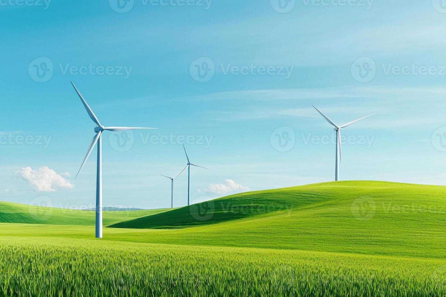 Vast green hills with wind turbines under a clear blue sky, symbolizing renewable energy. photo