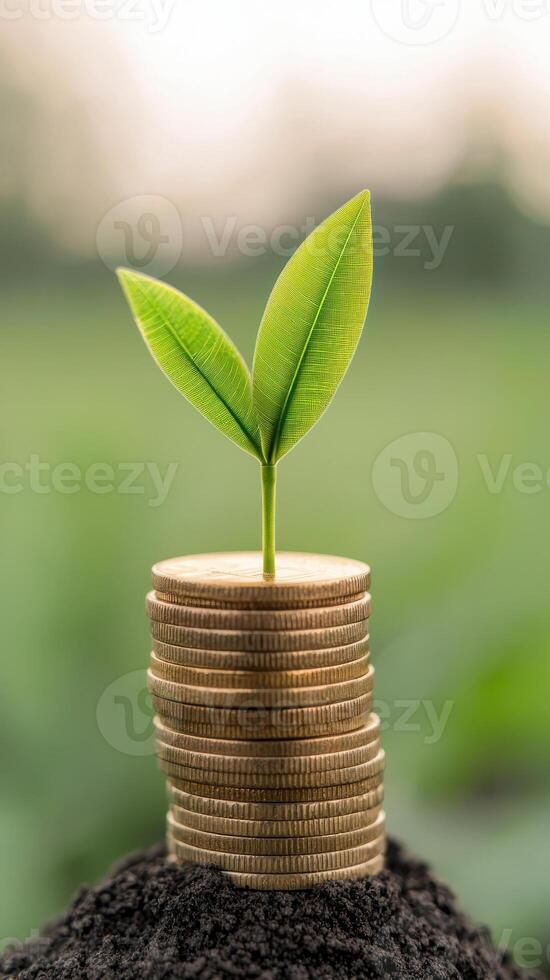 A sprouting plant grows from a stack of coins, symbolizing financial growth and sustainability. photo