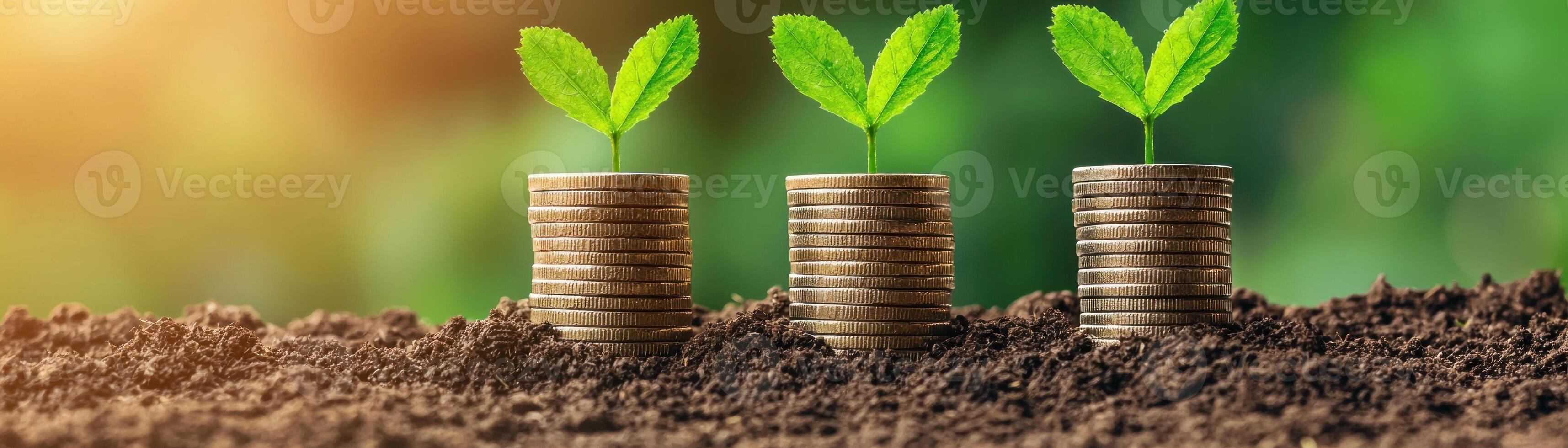 Investing in nature with coins and seedlings representing growth and sustainability. photo