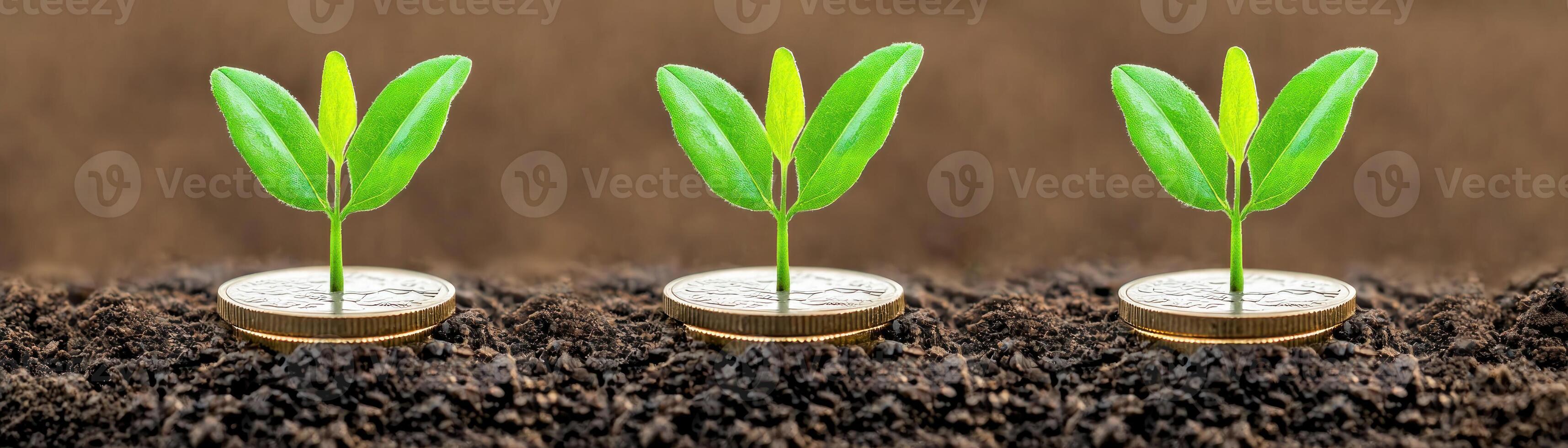 Three green seedlings growing from soil, symbolizing growth and renewal. photo