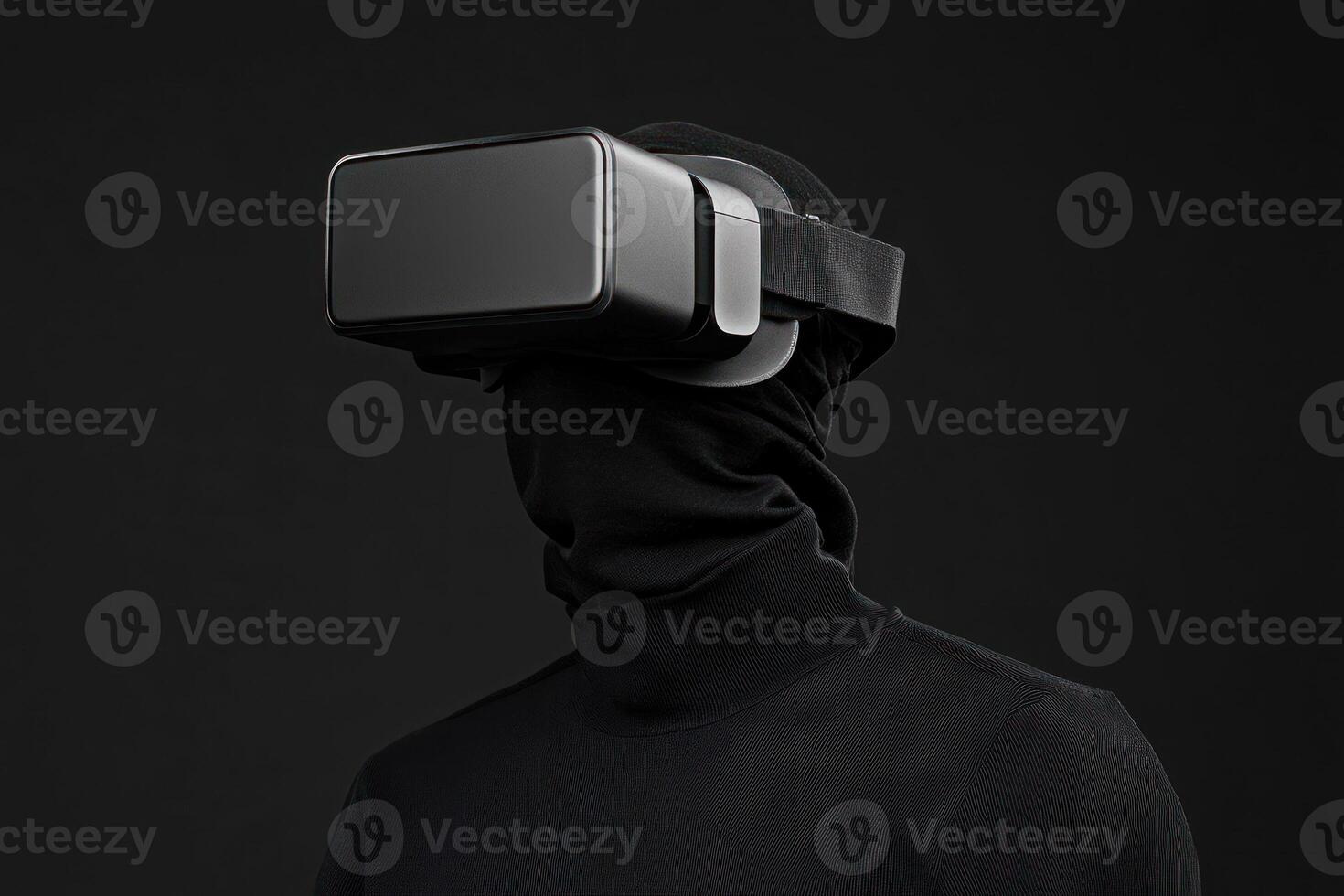 User wearing VR headset, immersed in virtual reality experience against a dark background. photo