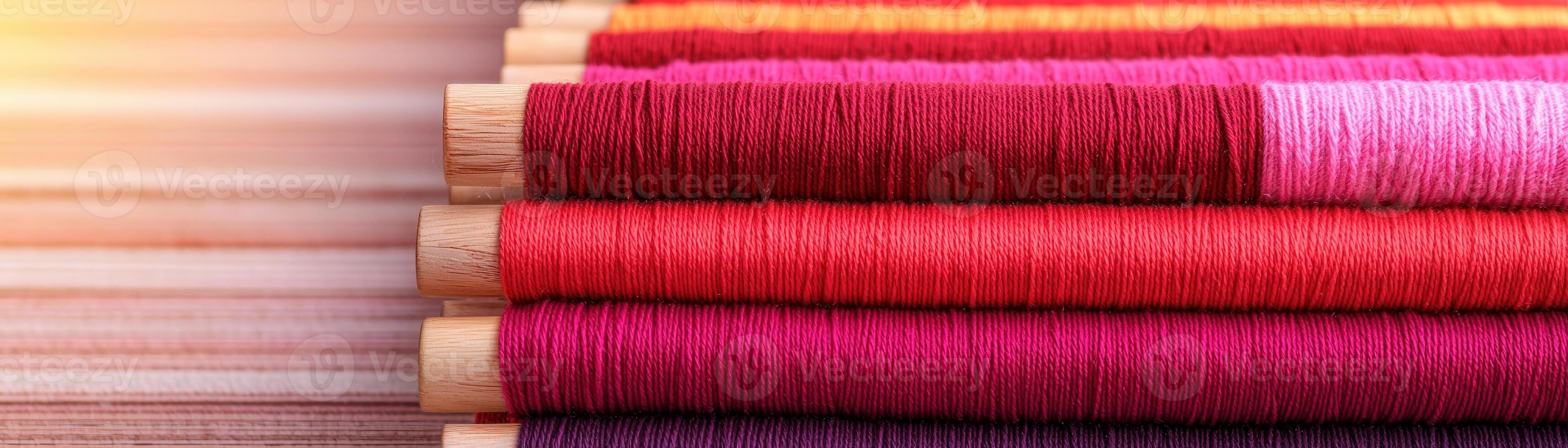 Colorful spools of thread arranged neatly, showcasing bright hues for sewing projects. photo