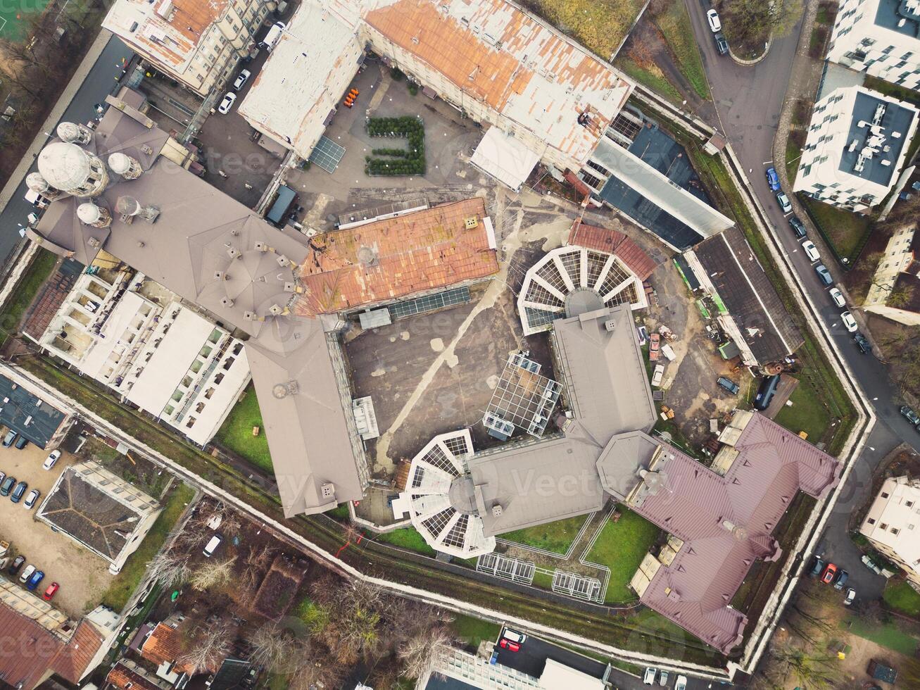 Vilnius, Lithuania 25th november, 2024- aerial top down view Lukiskes Prison .The Prison complex survived both World Wars and the Soviet occupation. Historical landmark popular tourist attraction photo