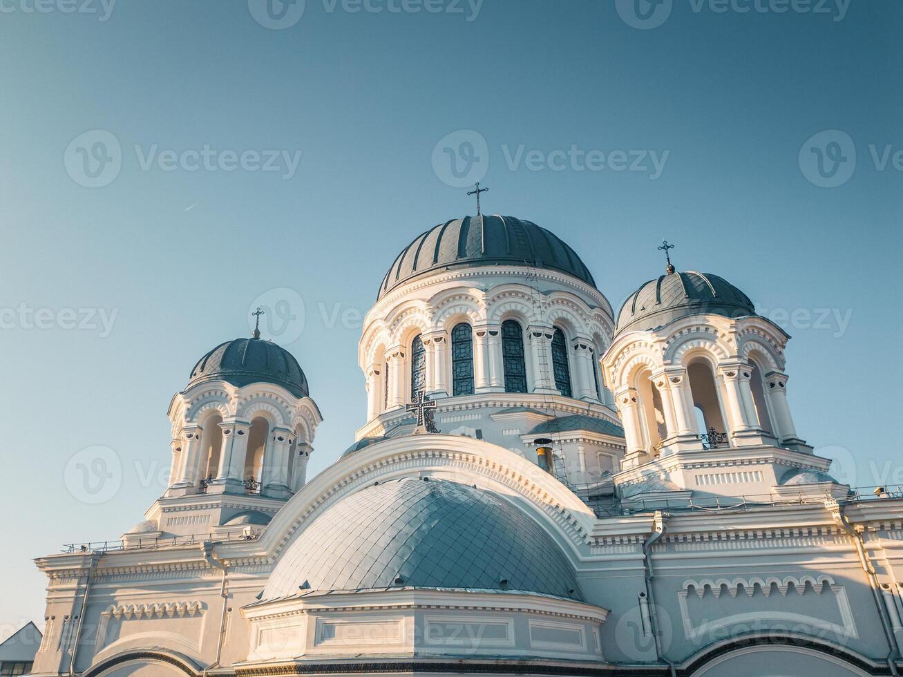 Aerial close up view St. Michael the Archangel's Church or the Garrison Church. Roman Catholic church in liberty boulevard.Kaunas historical capital. Neo-Byzantine architecture in the Russian Empire photo