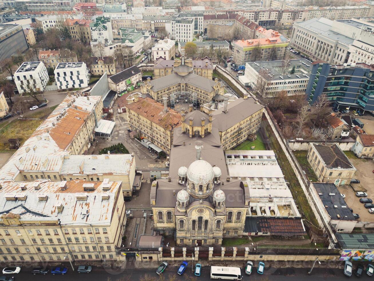 Vilnius, Lithuania 25th november, 2024 - aerial panorama famous Lukiskes Prison .The Prison complex survived both World Wars and the Soviet occupation. Historical landmark popular tourist attraction photo