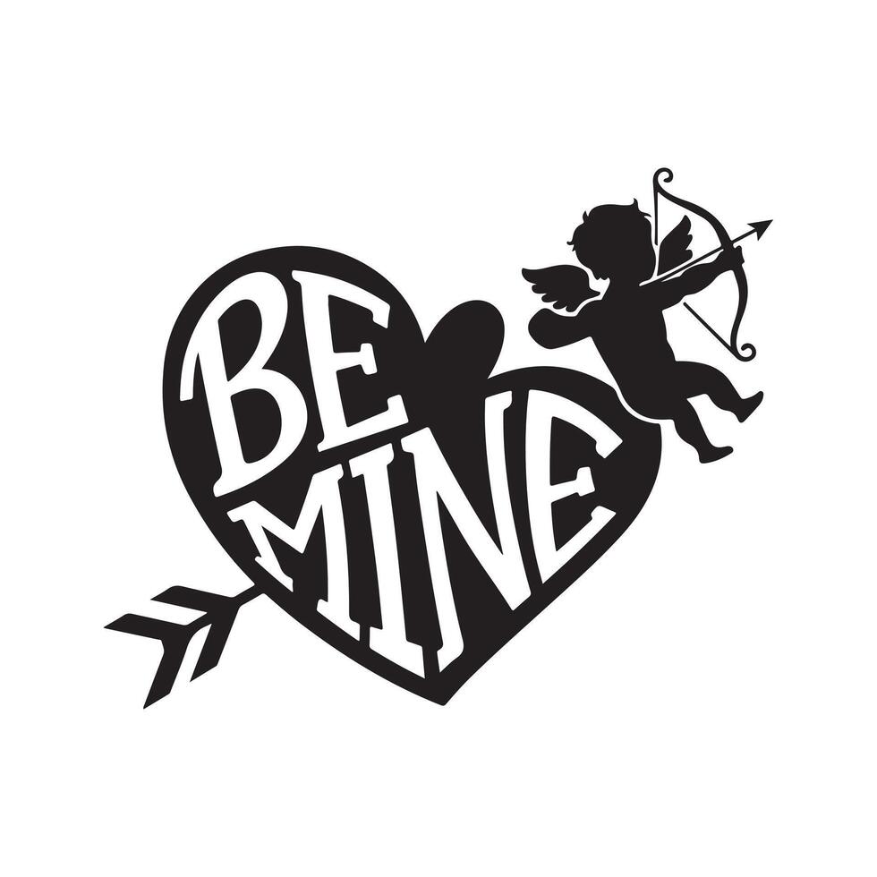 Heart-shaped Be Mine graphic with Cupid perfect for Valentines Day. vector