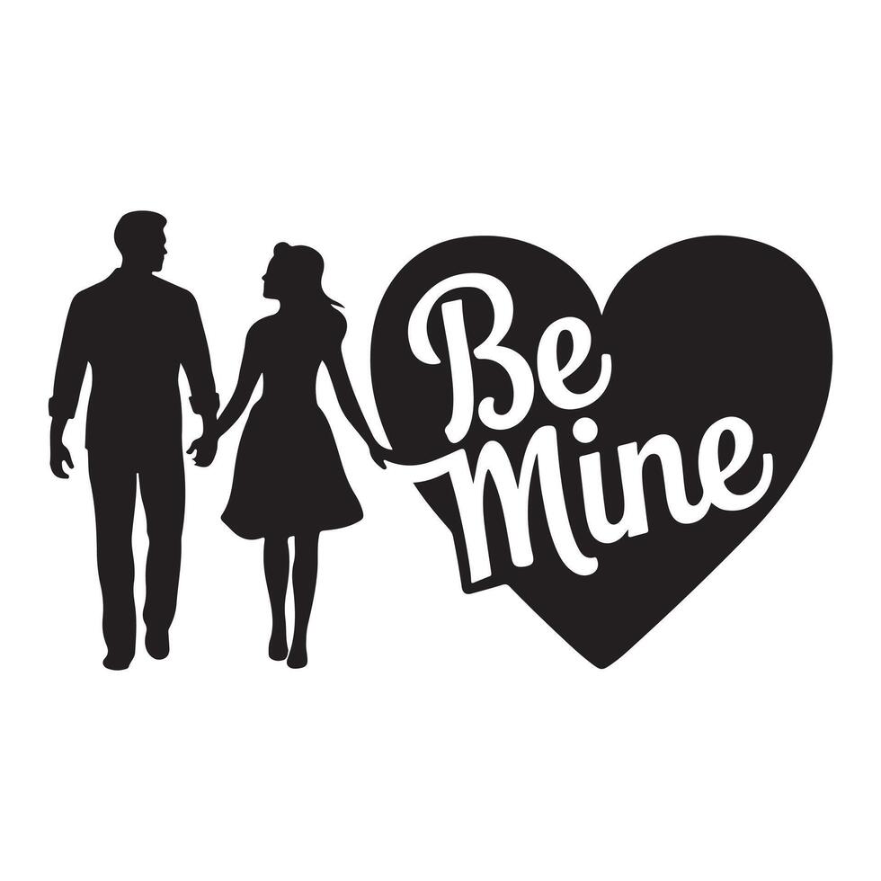 Silhouette of a loving couple with Be Mine heart for Valentines Day. vector