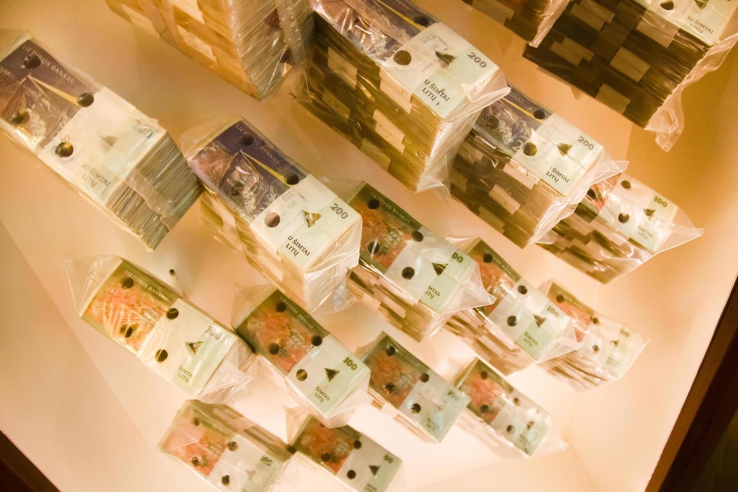 Vilnius, Lithuania - 29th november, 2024- old lithuanian currency litas notes on display in Money museum of the bank of Lithuania.This museum offers interactive exhibits.History of lithuanian money photo
