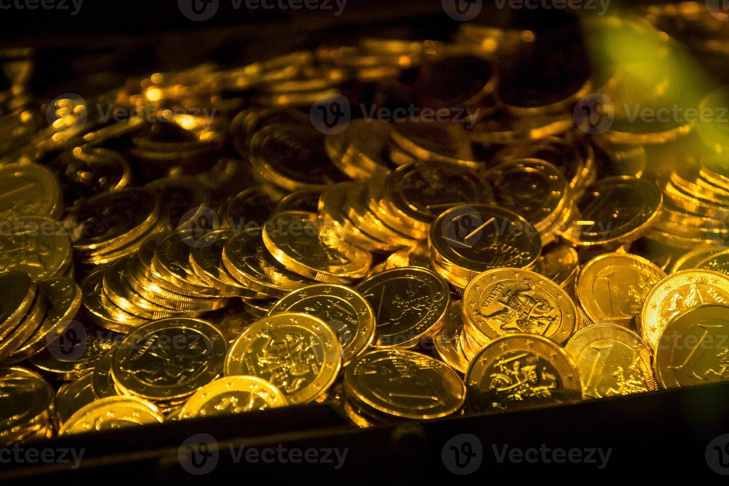 euro coins in treasure chest. Many Euro coins in box. Banking and inflation concept. 3D rendered animation. Saving growth money concept photo
