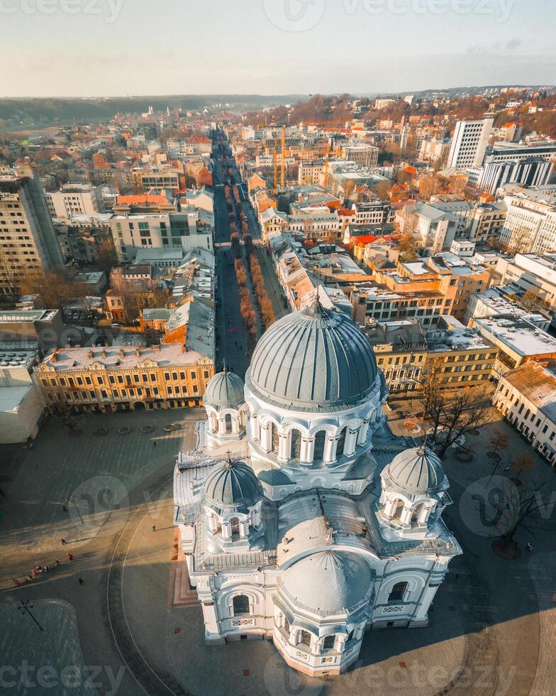 Aerial top drone view St. Michael the Archangel's Church or the Garrison Church. Roman Catholic church in liberty boulevard.Kaunas historical capital. Neo-Byzantine architecture in the Russian Empire photo