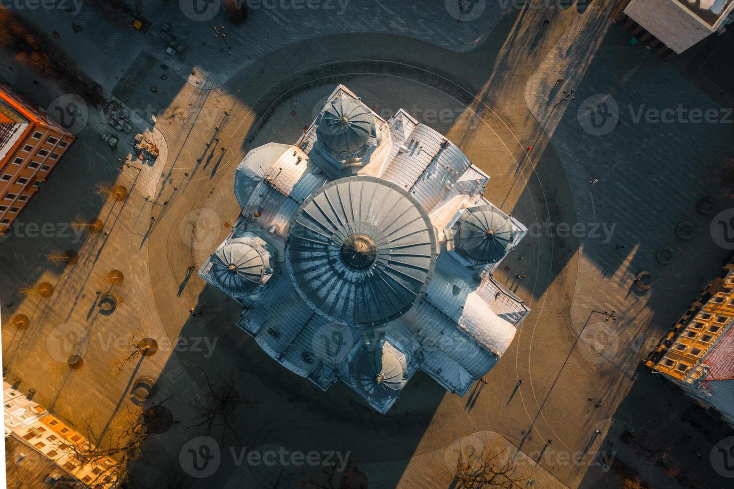 Aerial top down view St. Michael the Archangel's Church or the Garrison Church. Roman Catholic church in liberty boulevard.Kaunas historical capital. Neo-Byzantine architecture in the Russian Empire photo