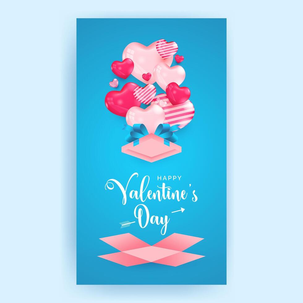 realistic 3d valentine's day on a pink box with colorful hearts social media story vector