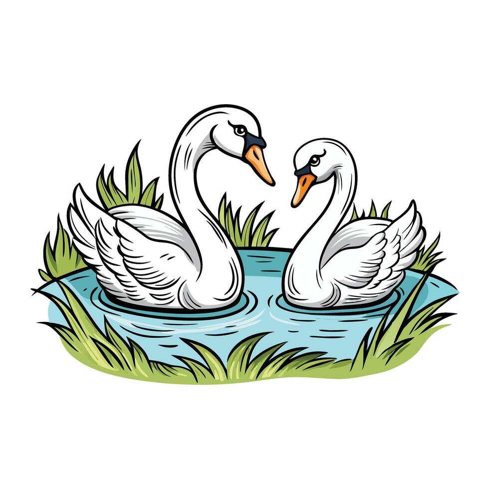 Two swans on the lake. Swans in a pond water plants icon isolated on white background vector