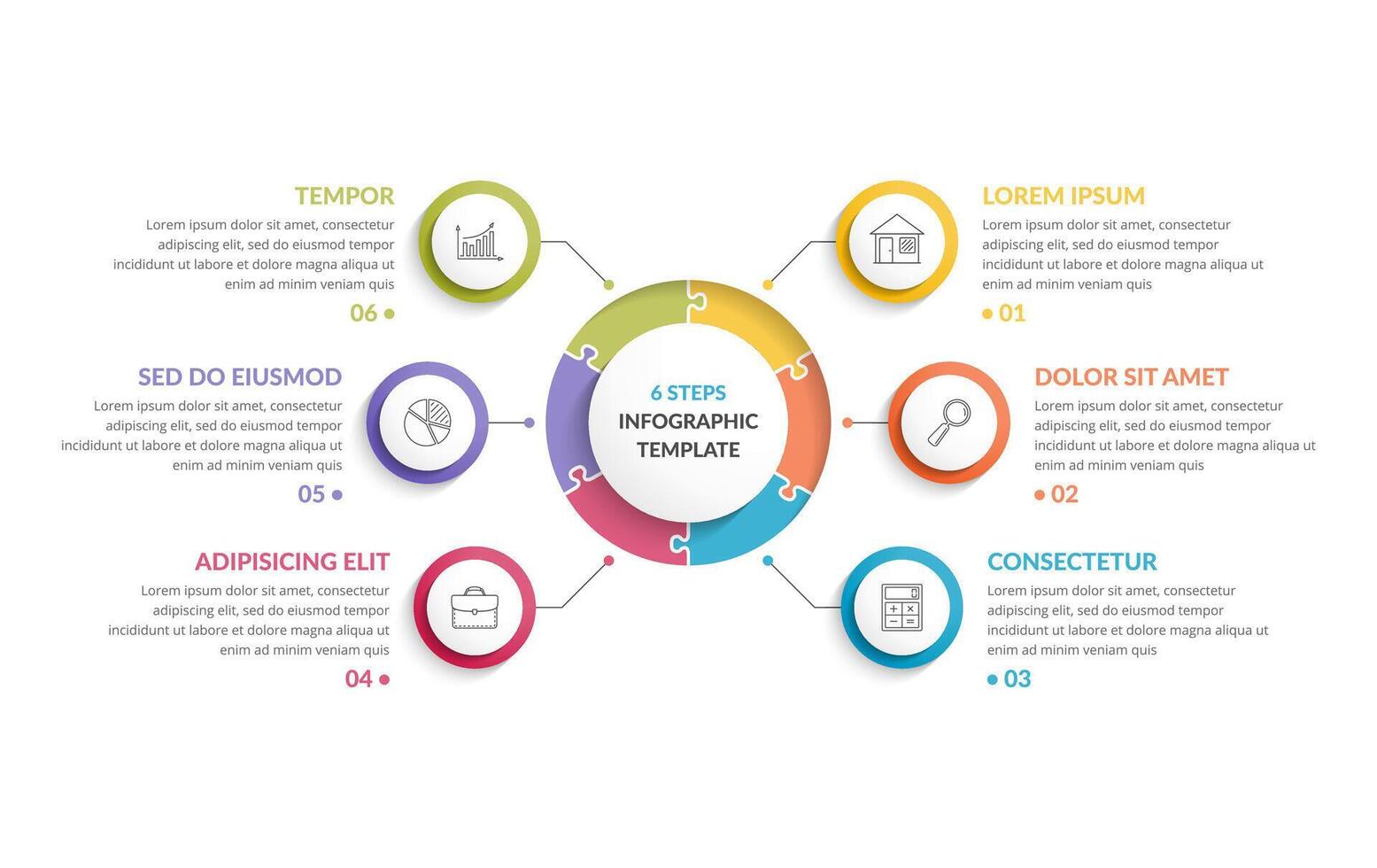 Circle infographic template with round puzzle with six steps or options, process chart, creative business infographics vector