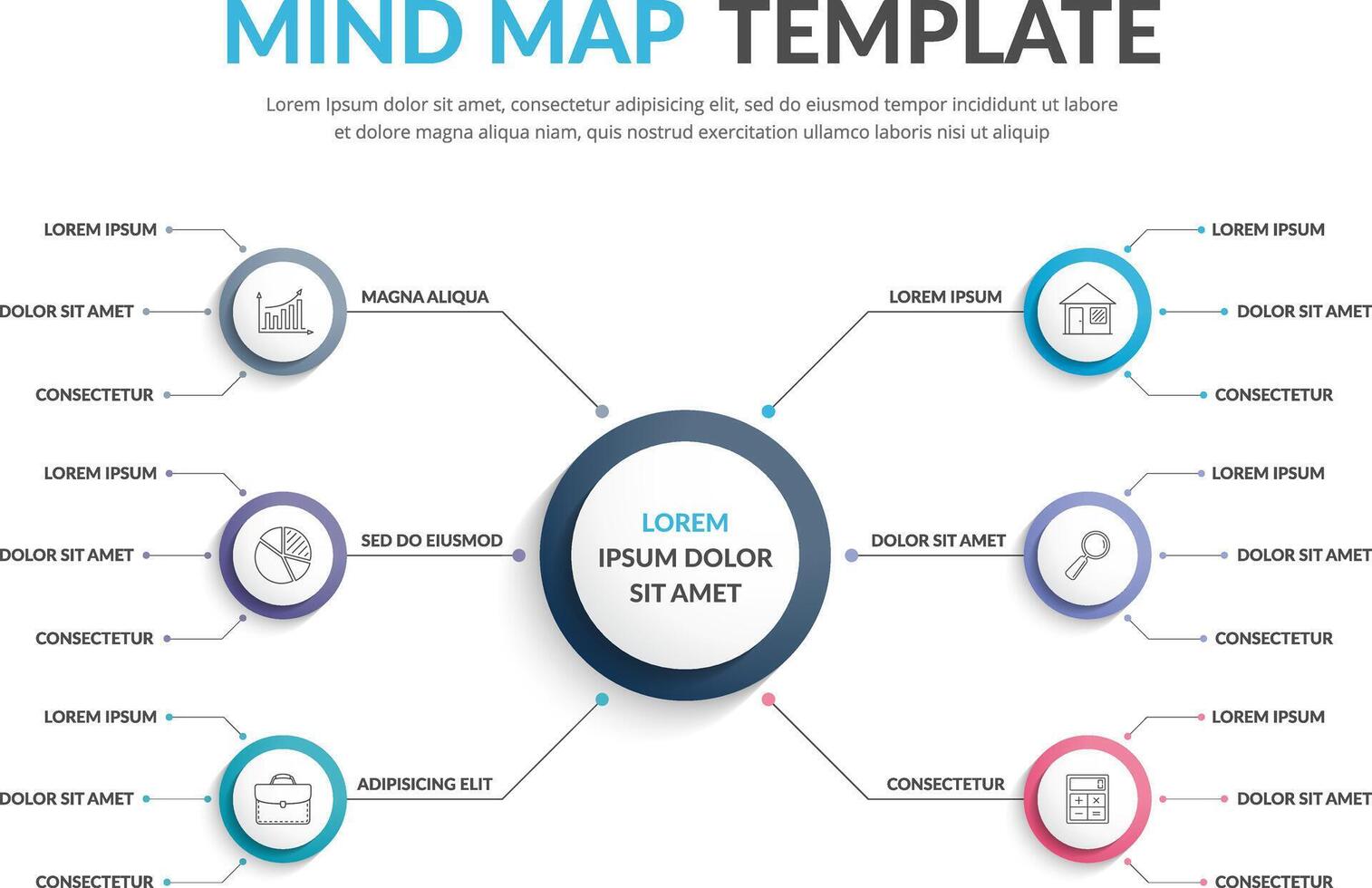 Absrtact mind map template, business infographics, six elements vector