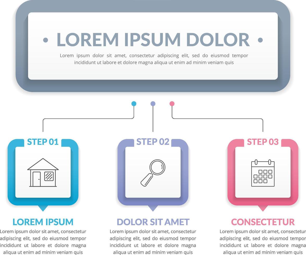 Infographic template with main title and 3 steps or options, workflow, process chart vector
