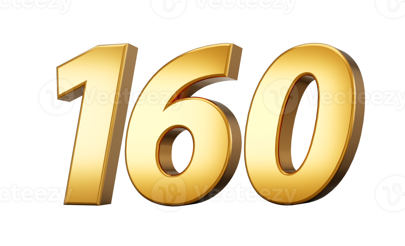 3d number 160 one hundred sixty Gold text with reflection 3d illustration png