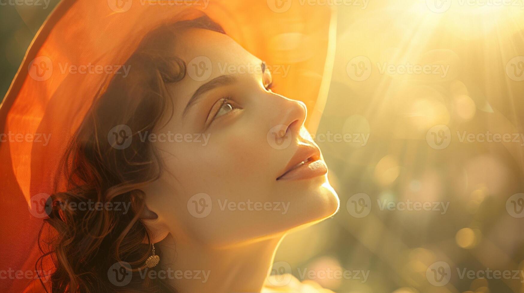 A beautiful woman with orange hat praying to God photo