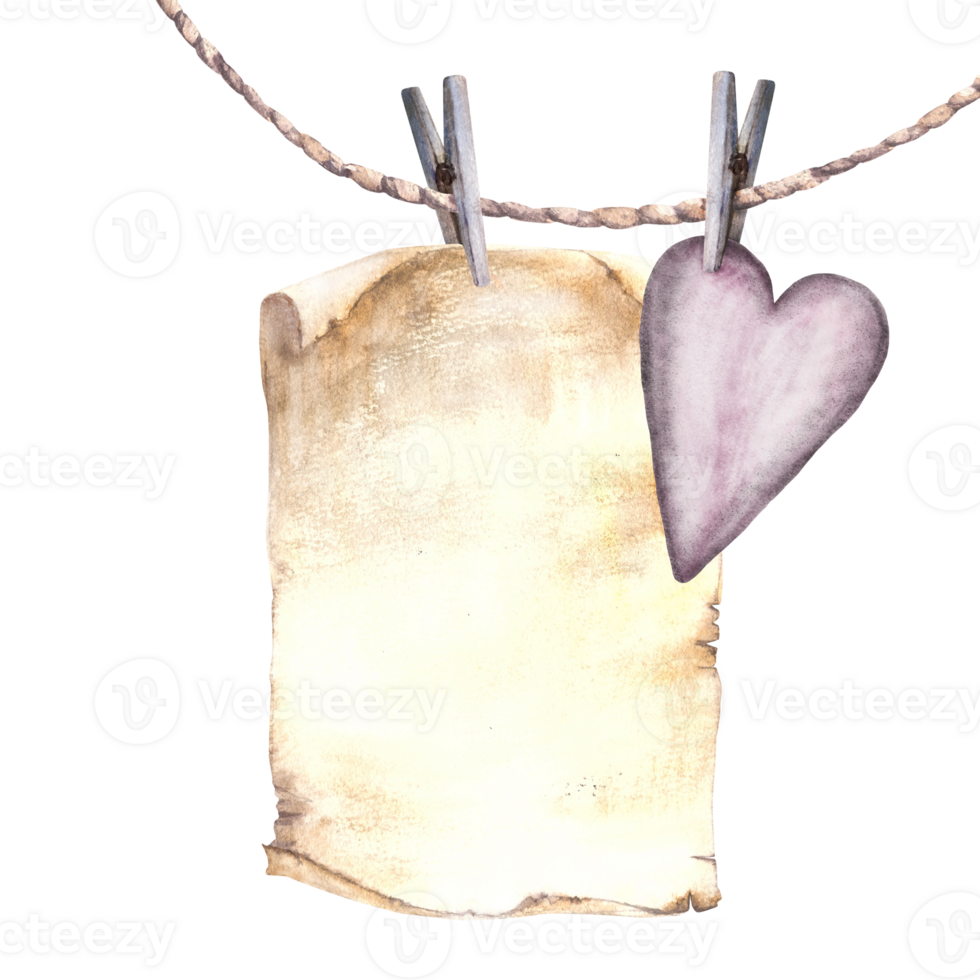 Heart on a clothespin with sheet of paper hanging on a string, rope. Watercolor Valentines Day, birthday greeting card, vintage lilac beige clipart. Hand painted Illustration isolated from background png