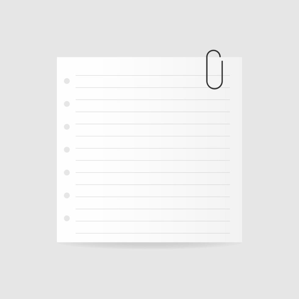 White square paper reminder, sticky note, realistic sticker with striped markings and paper clip. illustration on isolated background with shadow vector