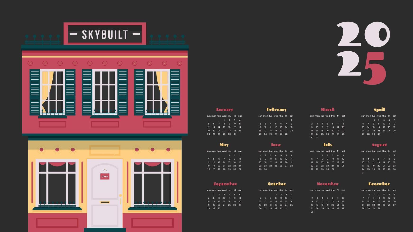 Full calendar for construction company 2025 with building. Modern style design for printing. Business illustration on dark background vector