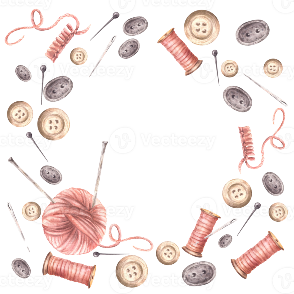 Buttons, a pink yarn ball with knitting needles, thread spool and sewing pins frame. Needlework, handicrafts, hobby square label template. Watercolor hand drawn illustration isolated from background png