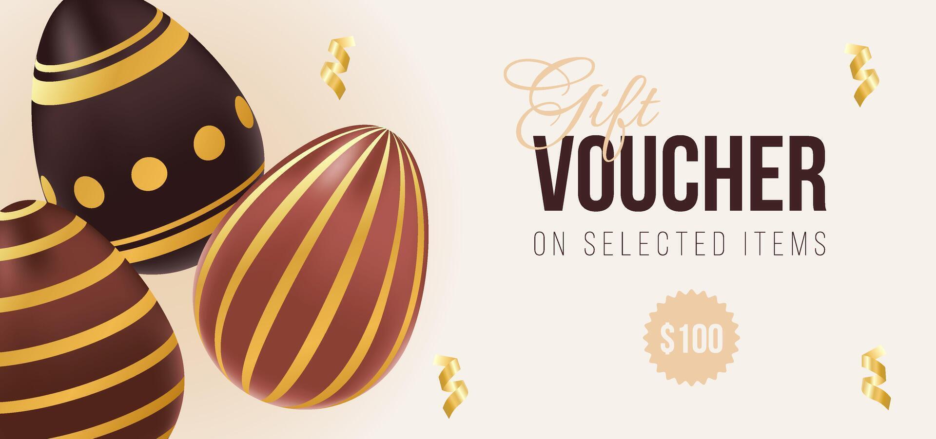Gift voucher for Happy Easter day. Template of promotion and shopping. Chocolate eggs with golden pattern. illustration for ad, promotion, flyer, discount, advertisement vector