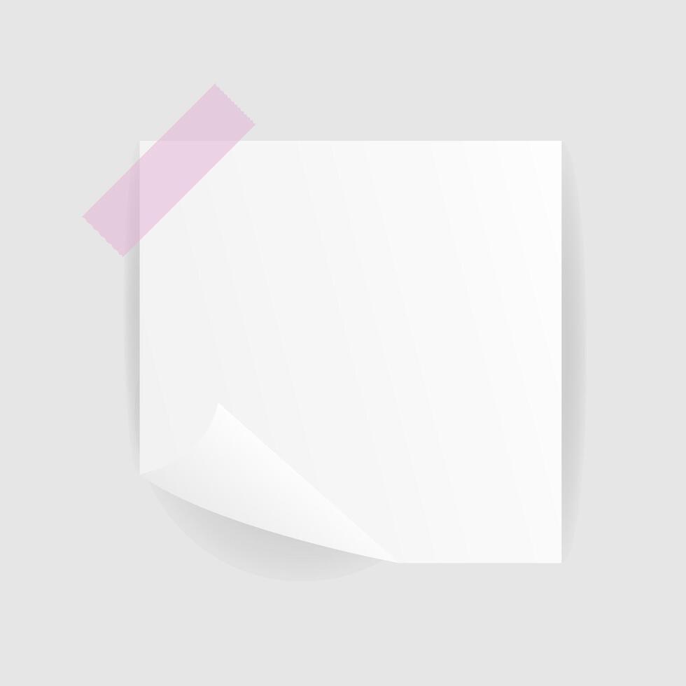 White square paper reminder, sticky note, to do list, realistic sticker with folded edge and color sticky tape. illustration with shadow vector