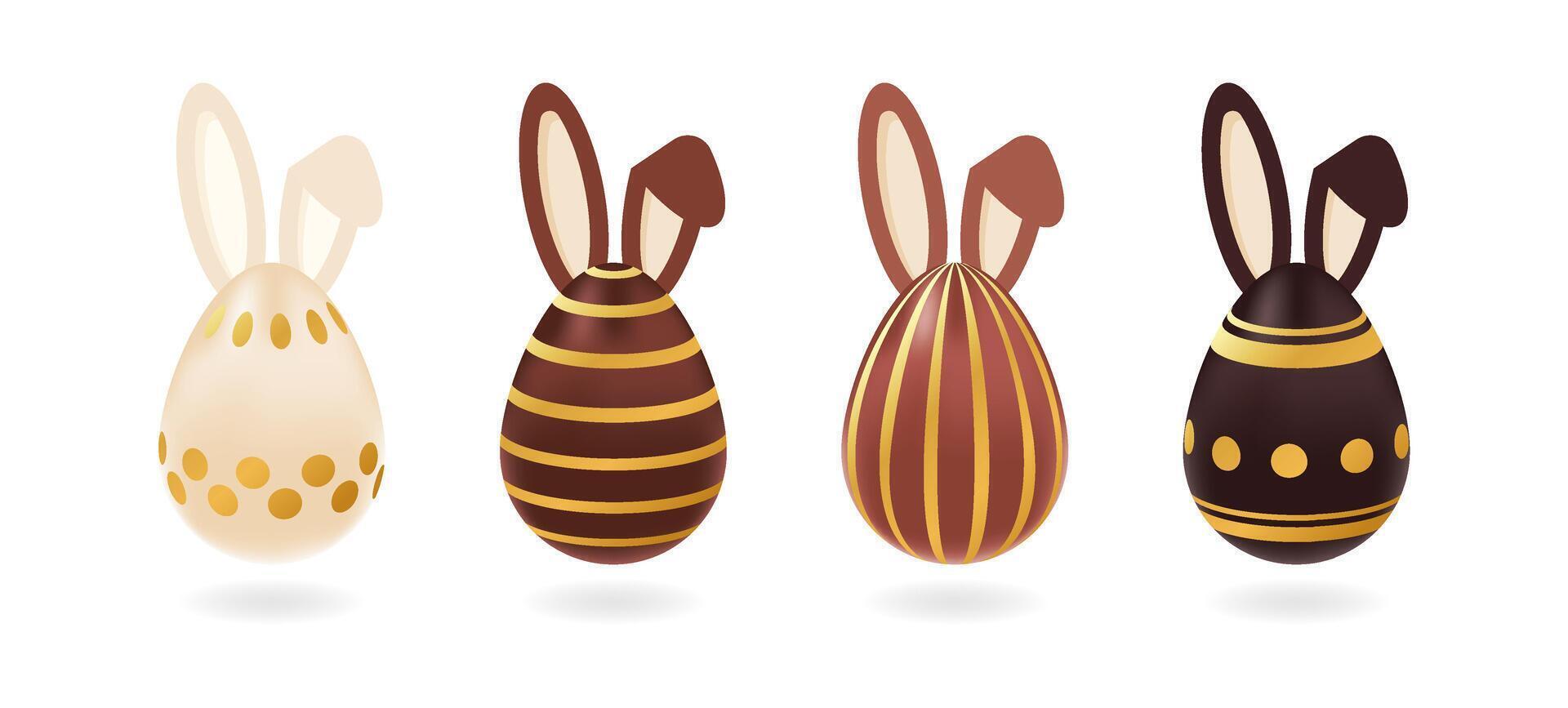 Set of realistic eggs in white, milk and dark chocolate with different golden patterns,bunny ears. Isolated illustration on white background. Children dessert, Easter template vector