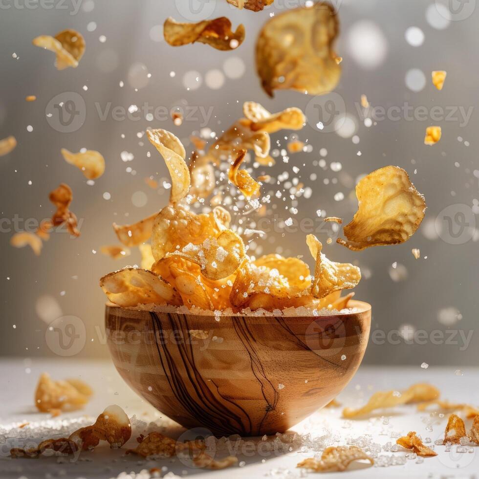 Potato chips snacks, unhealthy food, food photo, splash realistic photo