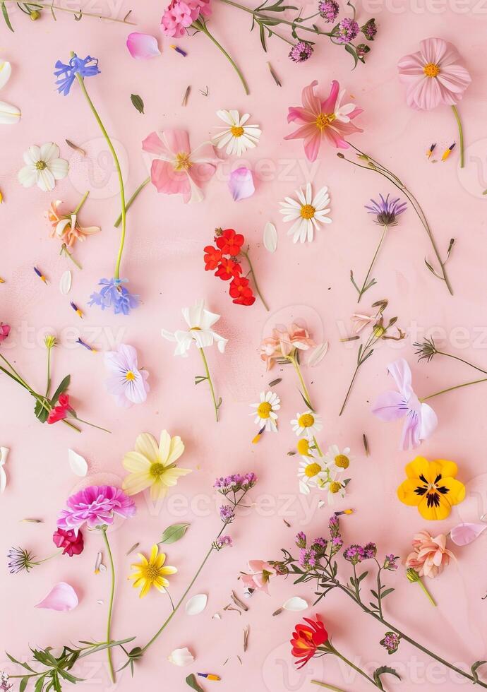 Top view spring flowers background, mother day background, modern photo