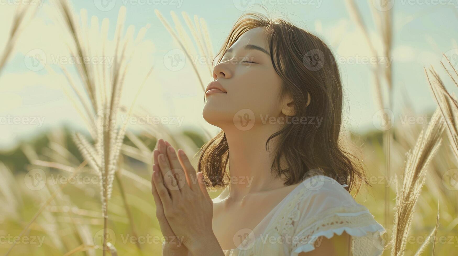 A beautiful woman praying to God, realistic photo