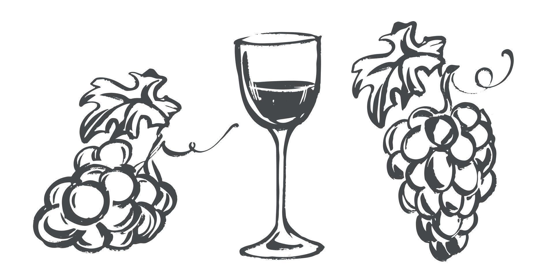 Wine glass and grapes in minimalist style. illustration imitating ink and brush drawing. Clipart for wine list, winery and craft wine. vector
