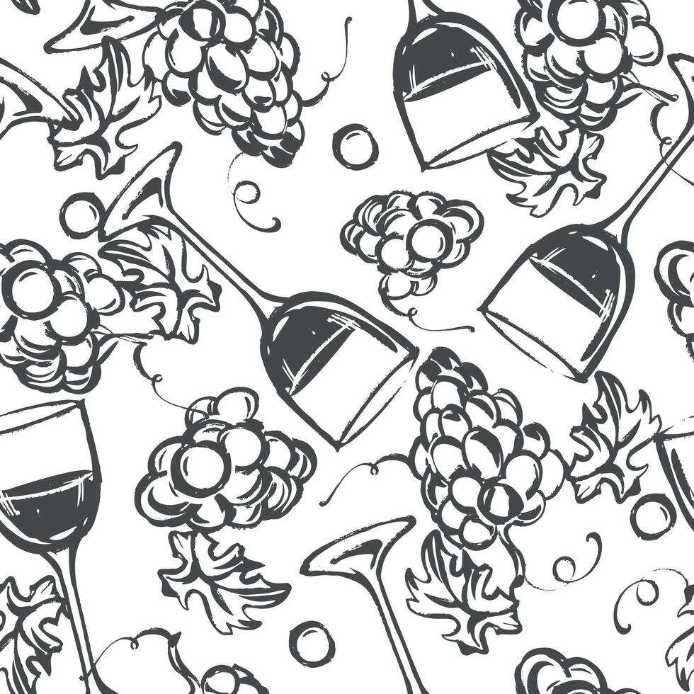 Seamless pattern of wine glasses. illustration imitating a brush and black ink drawing. Clipart for a winery, wine menu or packaging. Fusion of grunge and vintage effect. vector