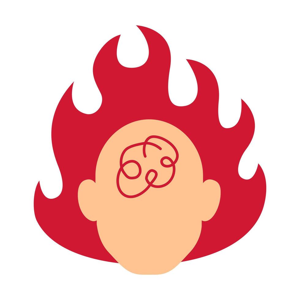 A head with big red fire to represent burnout, stress, and angry vector